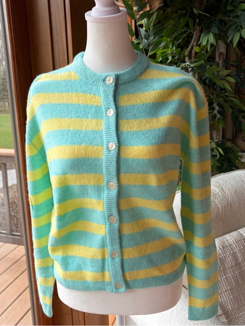 NWT JoyLab Women’s Sz XXS Aqua & Yellow Striped Button-Front Cardigan Sweater